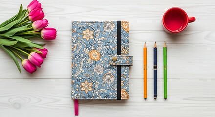 A beautiful floral patterned journal lies open with colorful pencils and a red mug on a white wooden surface, next to a bouquet of pink tulips.