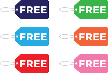 Collection of six colorful free tags isolated on white background