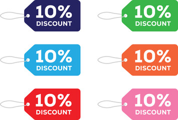 Ten percent discount tags in various colors isolated on white background