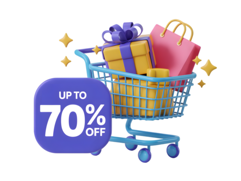 Shopping cart with gift boxes and shopping bag, up to 70 off, isolated on transparent background