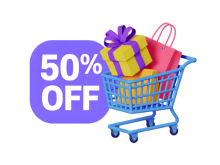 Shopping cart with gift and 50 off sign, isolated on transparent background