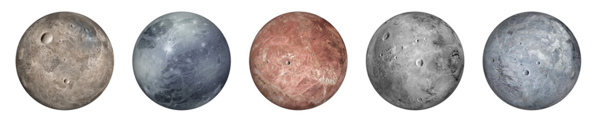  dwarf planets  Ceres, Pluto, Haumea, Makemake, and Eris, 3d rendering illustration isolated on transparent background