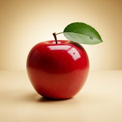 Vibrant Red Apple with Leaf on Beige Surface.