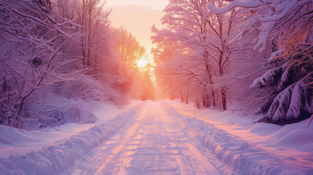 A enchanting winter road decorated with glowing festive Christmas lights.