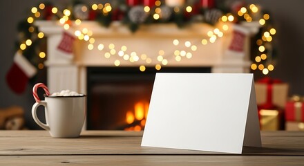 Blank greeting card on wooden table with hot chocolate and fireplace background for christmas