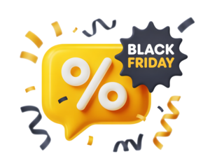 Black friday sale announcement with percentage symbol and confetti, isolated on transparent background