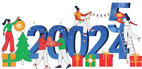 Festive 2025 New Year celebration with diverse people decorating and exchanging gifts, creating a bright, joyful, and modern holiday scene