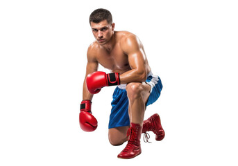 Professional boxer resting on knee with red boxing gloves and boots, athlete, fighter, sportsman isolated on transparent background