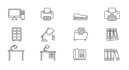 A collection of office equipment icons in a simple linear design