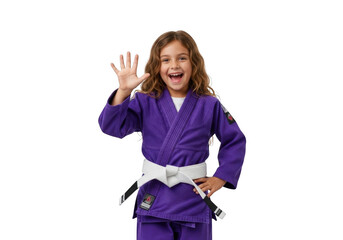 Happy young girl in purple jiu-jitsu gi waving hello, martial arts training, isolated on transparent background