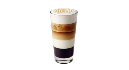 Isolated glass of layered coffee drink with caramel drizzle on top, a beverage treat