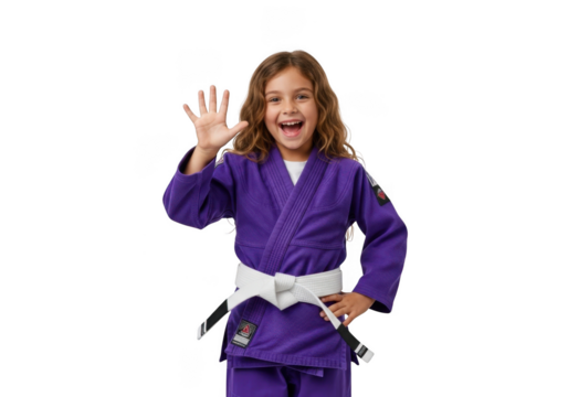 Happy young girl in purple jiu-jitsu gi waving hello, martial arts training, isolated on transparent background