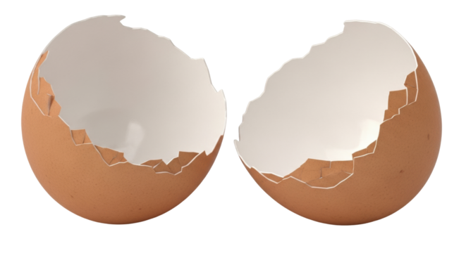 Isolated broken egg shells, eggshell fragments of a brown chicken egg for food preparation