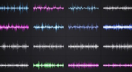 Podcast sound waves. multicolored audio showcasing Audio waveforms line icons, sound wave frequency or voice microphone signals. Music, podcast and broadcast, UI and audio branding design