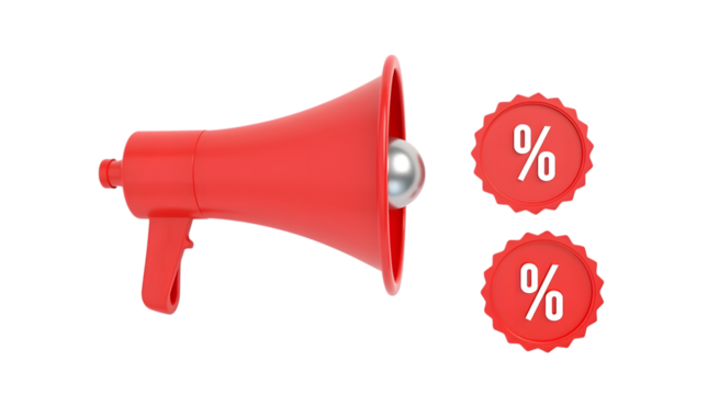 Red megaphone with percentage discount tags isolated on transparent background