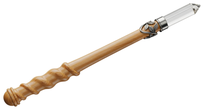 Isolated crystal magic wand of natural wood and crystal gemstone point for wizards and witches