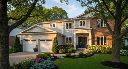 Elegant Suburban Home Exterior: Lush Landscaping, Warm Evening Light, Curb Appeal.