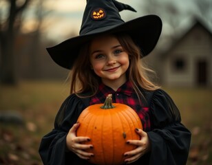 Smiling child girl wearing a witch costume holding a pumpkin isolated over transparent background png transparent halloween costumes costume illustration holiday cartoon party zombie 