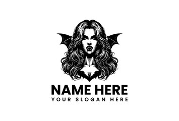 Elegant black and white illustration of a beautiful vampire queen with bat wings, a gothic fantasy mascot for a brand identity