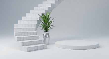 Minimalist Interior with Podium, Stairs, and Plant for Product Display.