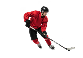 Professional hockey player in red jersey action shot with stick puck sport athlete game competition isolated on transparent background
