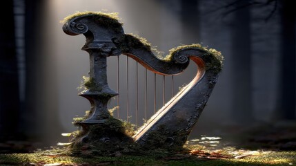 An ancient harp, overgrown with moss, rests amidst a sunlit forest floor, casting a serene and melancholic mood.