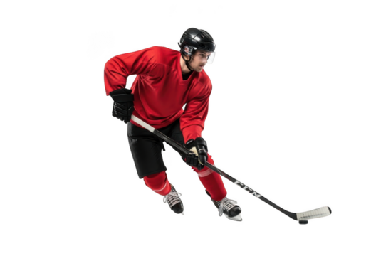 Professional hockey player in red jersey action shot with stick puck sport athlete game competition isolated on transparent background