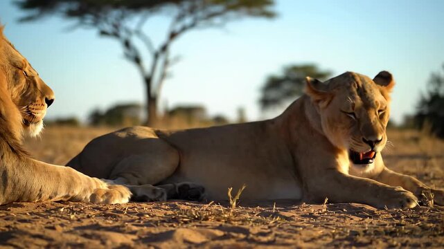 Lion and lioness resting on the savanna during daytime