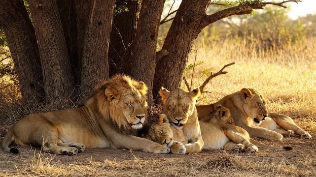 Lion family resting under tree on sunny African savanna