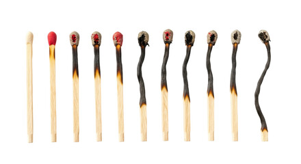 Isolated series of burning matches showing the stages of being consumed by fire, concept