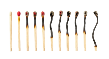 Isolated series of burning matches showing the stages of being consumed by fire, concept
