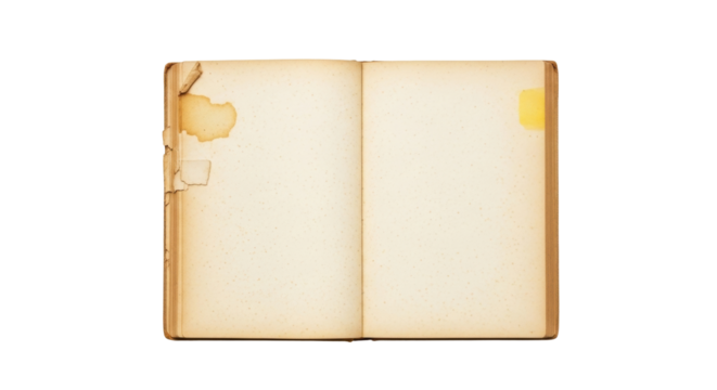 Isolated Open antique book with stained pages ready for content insertion in your design
