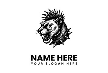 Aggressive punk rock puma mascot with a mohawk hairstyle and spiked collar. Fierce wildcat head logo concept for a team or brand. Vector illustration 163.eps