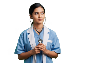 Professional female doctor with stethoscope in blue uniform looking away healthcare medical professionalism isolated on transparent background