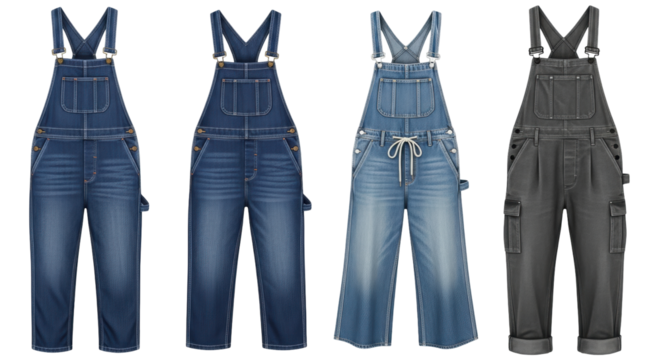 Isolated studio shot of denim overalls in varying shades, stylish casual fashion item