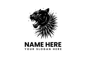 Fierce Black Panther Head with Spiked Collar, Aggressive Roaring Predator, Bold Logo Design