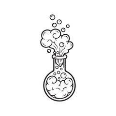 Magic potion in a chemical flask with bubbling reaction and smoke, cartoon line art illustration. Science experiment icon for coloring book page.
