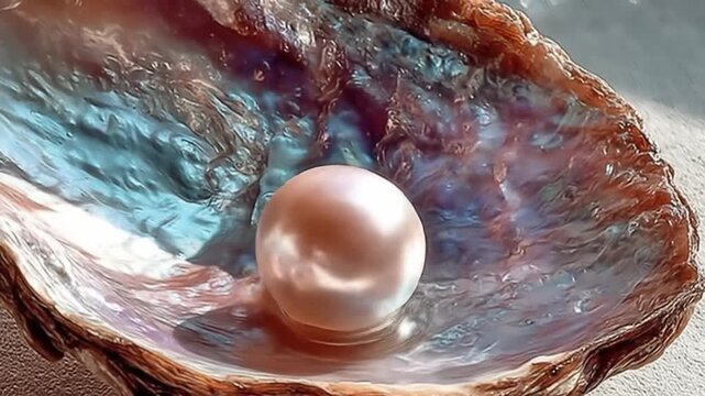 Shimmering pearl in open seashell on beach against sunlight background