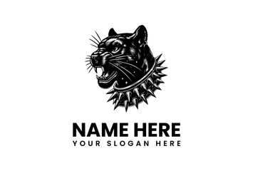 Fierce Black Panther Head Logo with Spiked Collar. Aggressive Wild Cat Mascot Design. Powerful Tattoo Style Illustration for Sports Teams, Brands, or Apparel