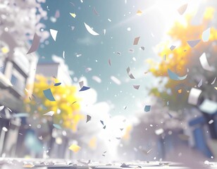 紙吹雪が舞う穏やかな並木道のひととき