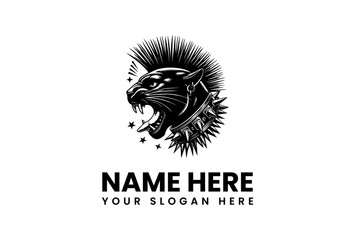 Punk Panther Logo Aggressive Cat Head with Spikes and Mohawk