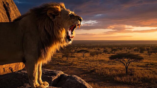 Majestic lion roaring at sunset overlooking African savanna