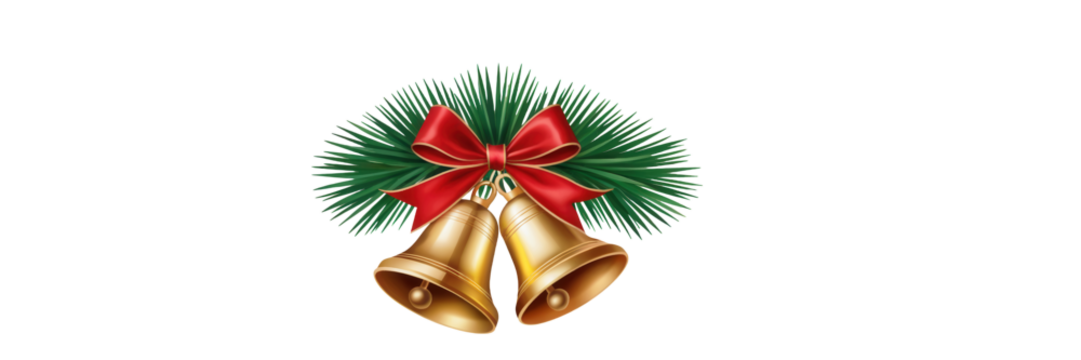 Golden christmas bells adorned with a red ribbon and pine branches isolated on transparent background - Powered by Adobe