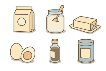 Set of basic baking ingredients including milk, butter, eggs, sugar, and vanilla extract