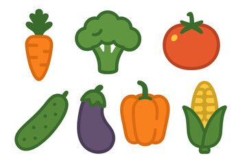 Colorful fresh vegetable collection including carrot broccoli tomato cucumber eggplant pepper corn