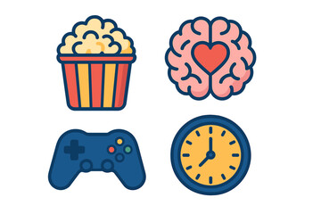 Four icons for entertainment, mental health, gaming, and time organization