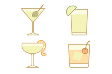 Four classic cocktails in glassware with various garnishes