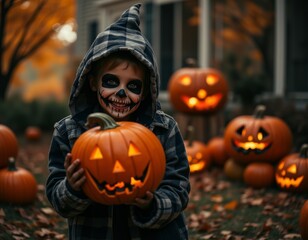 Cute child dressed as a skeleton holding a pumpkin and smiling symbolizing fun joy and playful spirit of halloween night halloween costumes costume illustration holiday cartoon party zombie 