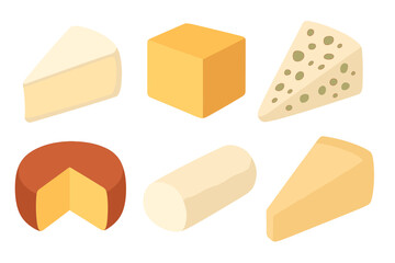 Isometric assortment of various cheese pieces and blocks