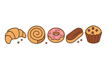 Collection of sweet baked goods icons featuring croissant donut eclair and muffin